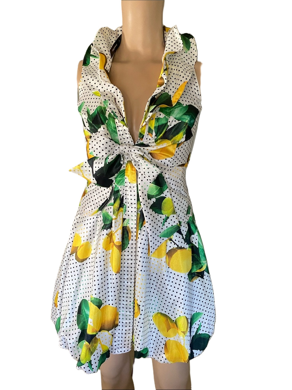 Samuel Dong White Polka Dot Lemon-Print Tie-Waist Bubble Mini Dress